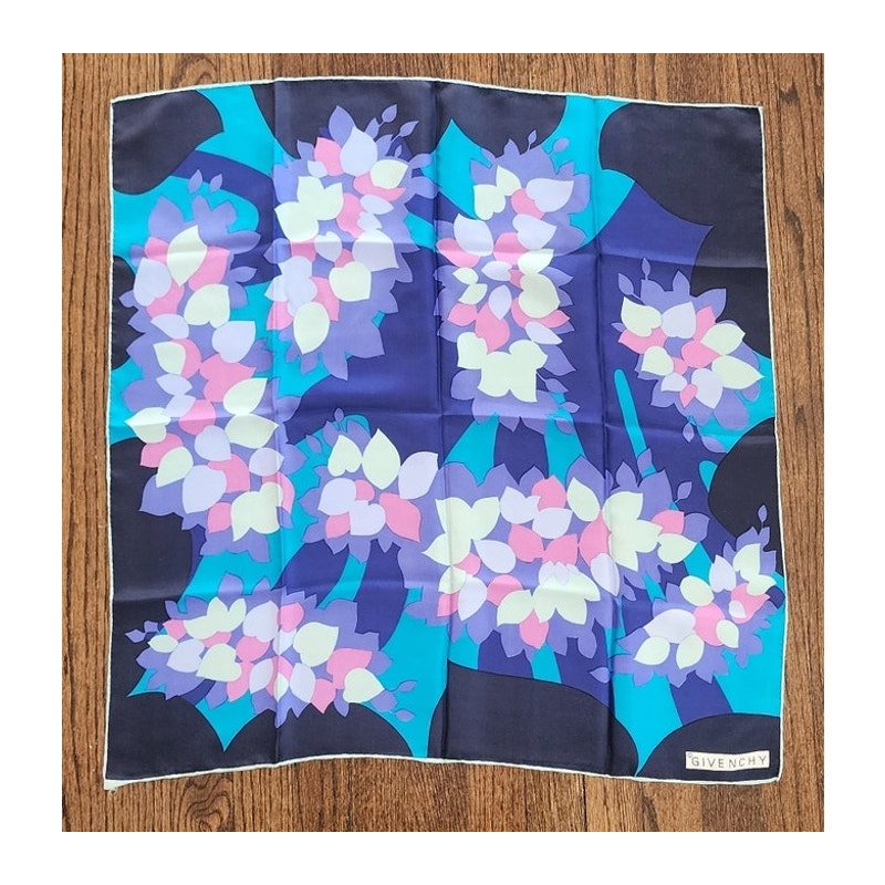 Vintage Givenchy 80s Silk Square Scarf Blue Purple Pink Floral Designer Scarf