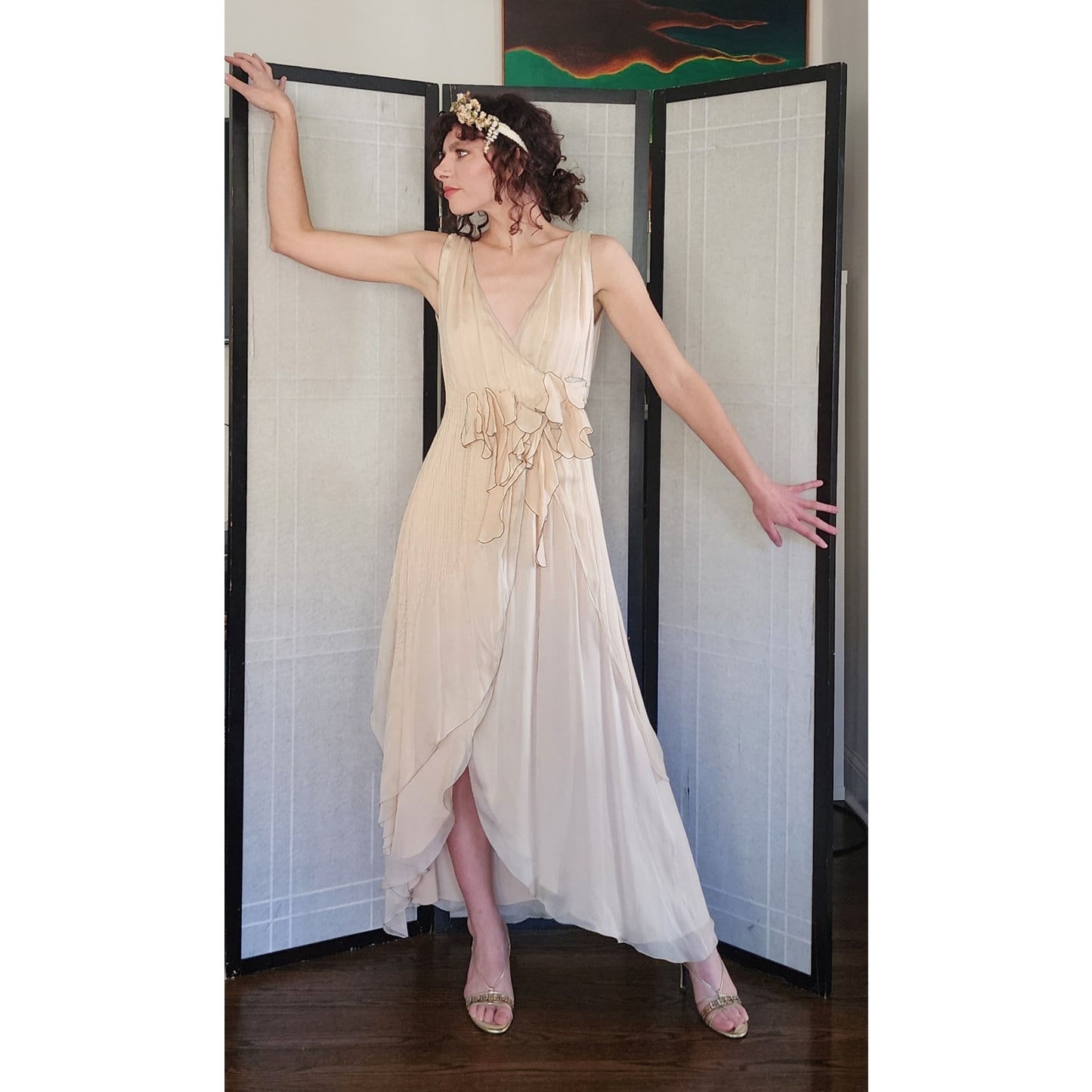 Vintage 2000s Fendi Dress Silk Chiffon Wrap Evening Gown Cream NWT Bergdorf Goodman