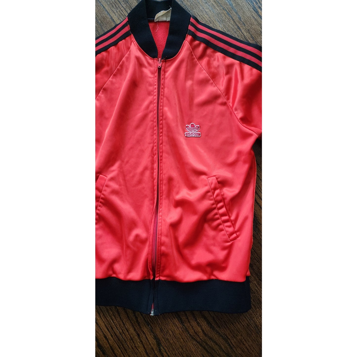 Vintage 70s ADIDAS Track Jacket Red Black Three Stripes Mens Small