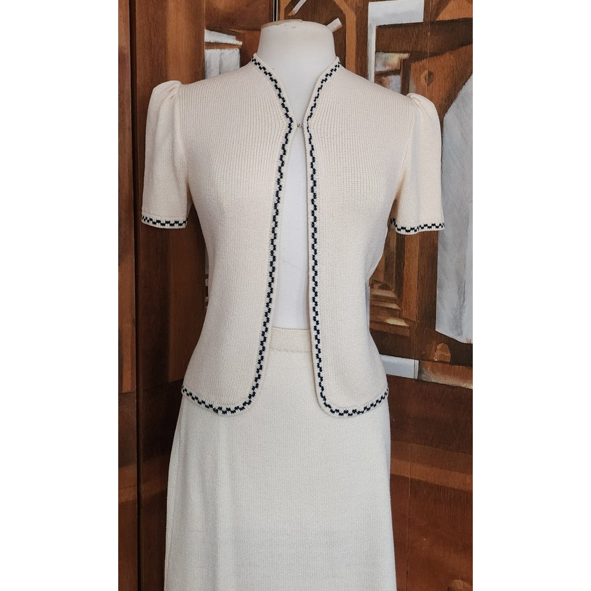 Vintage 1980s St. John Suit Jacket Cardigan Sweater + Skirt Set Cream Knit Marshall Fields