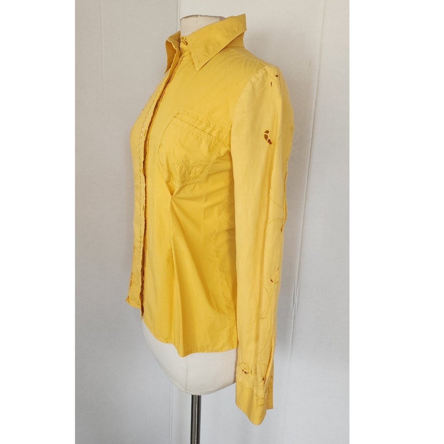 Vintage Yellow Shirt Button Down by Philosophy Alberta Ferretti w/ Crochet Trim Small