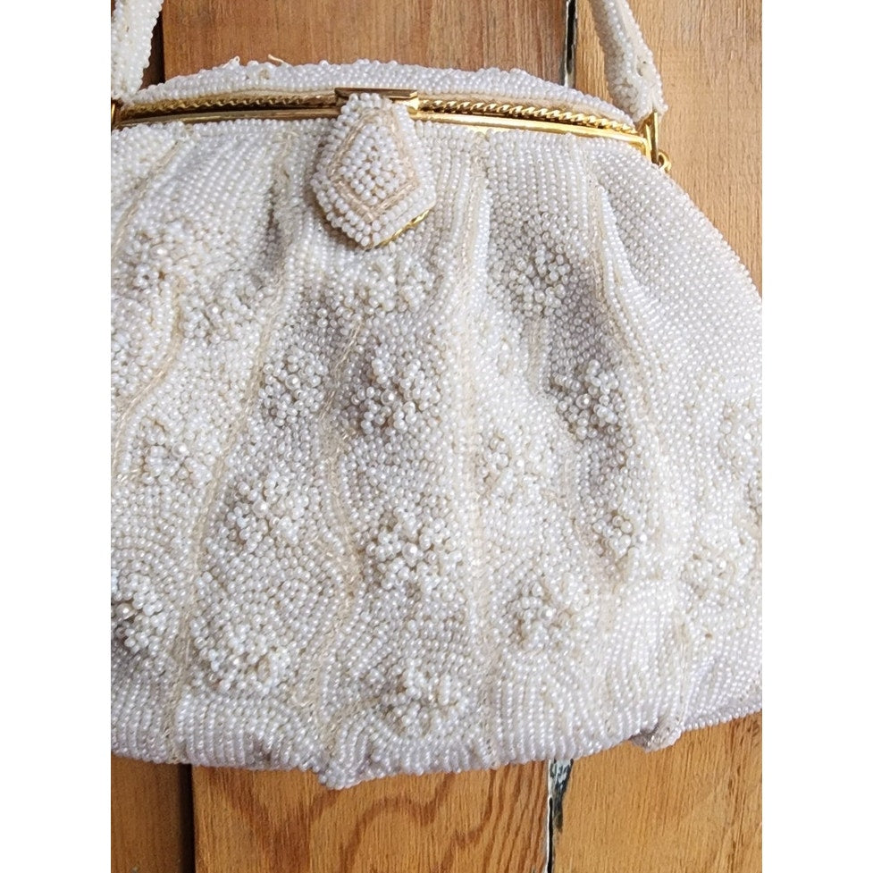 Vintage 50s Evening Bag White Beads Walborg
