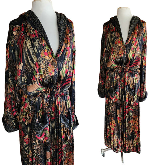 Vintage 90s Multicolored Dress Coat Robe Lounger Hooded