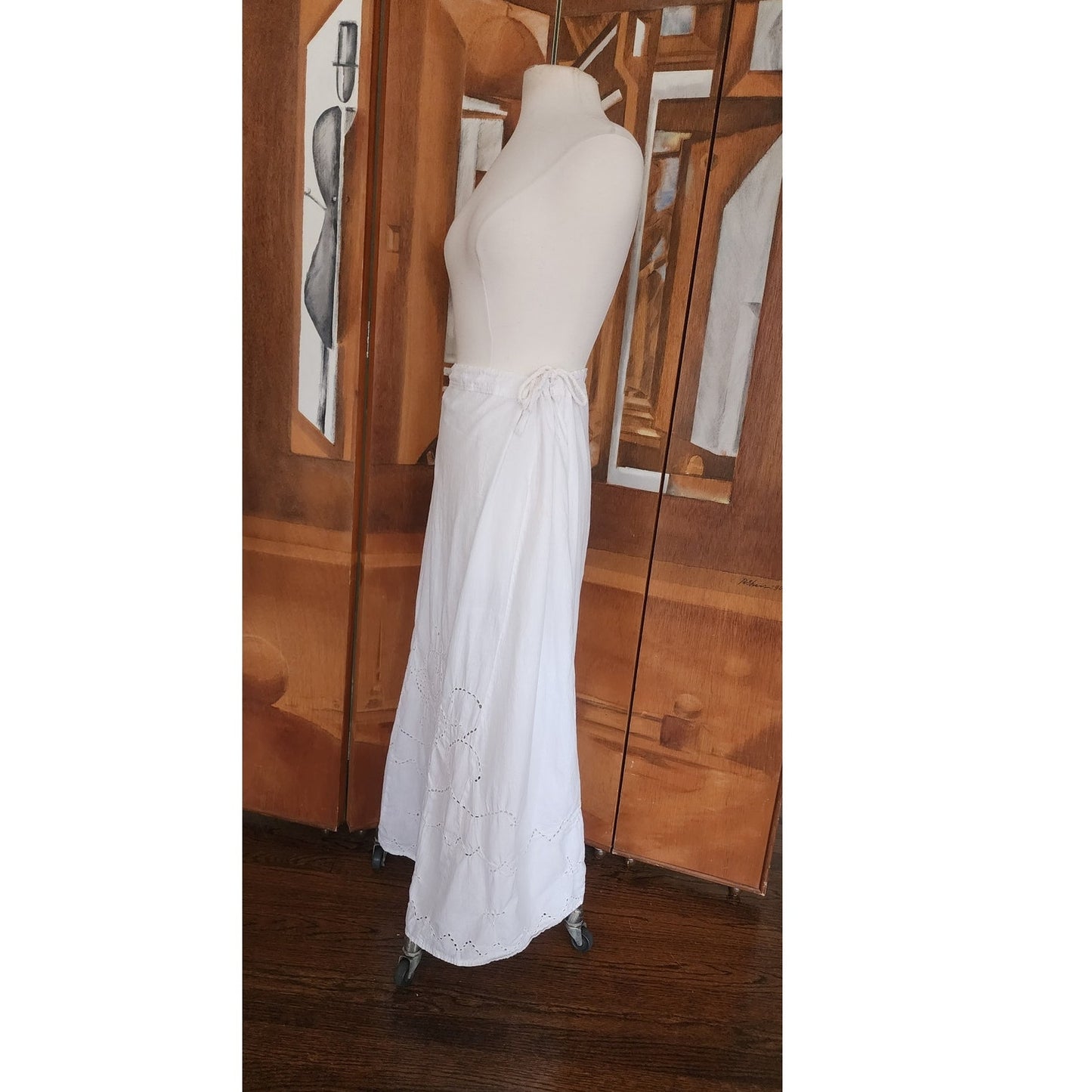 Antique Edwardian Embroidered Petticoat Skirt Underskirt White Cotton Drawstring Waist L