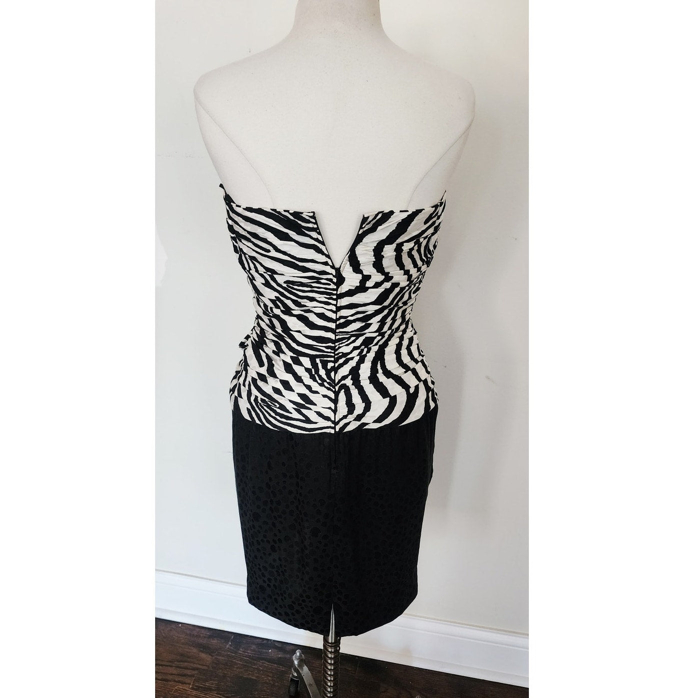 Vintage 1980s AJ Bari Strapless Dress + Bolero Jacket Suit Set Zebra Print Black White Silk / M