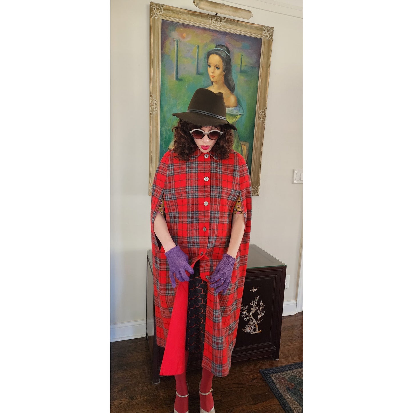 Vintage 60s Cape Red Plaid Reversible Cloak