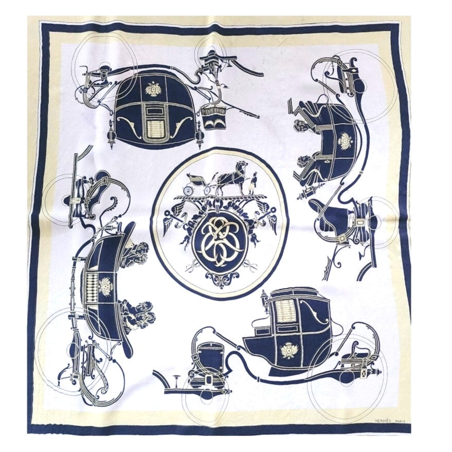 Vintage HERMES Scarf Square Silk Ex-Libris Yellow Hugo Grygkar Horse Carriages