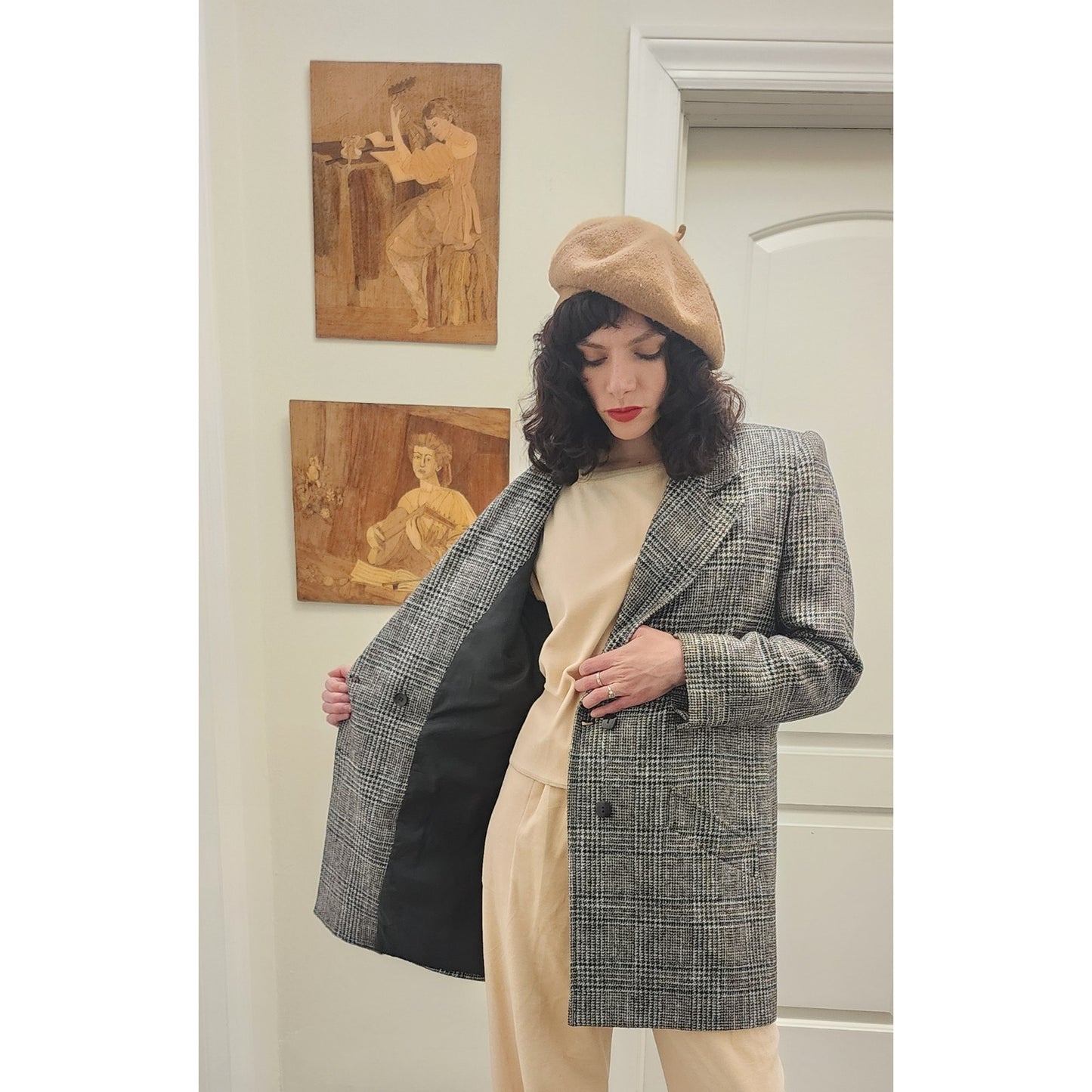 Vintage 1980s Long Blazer Lilli Ann Houndstooth Wool Jacket Gray Black