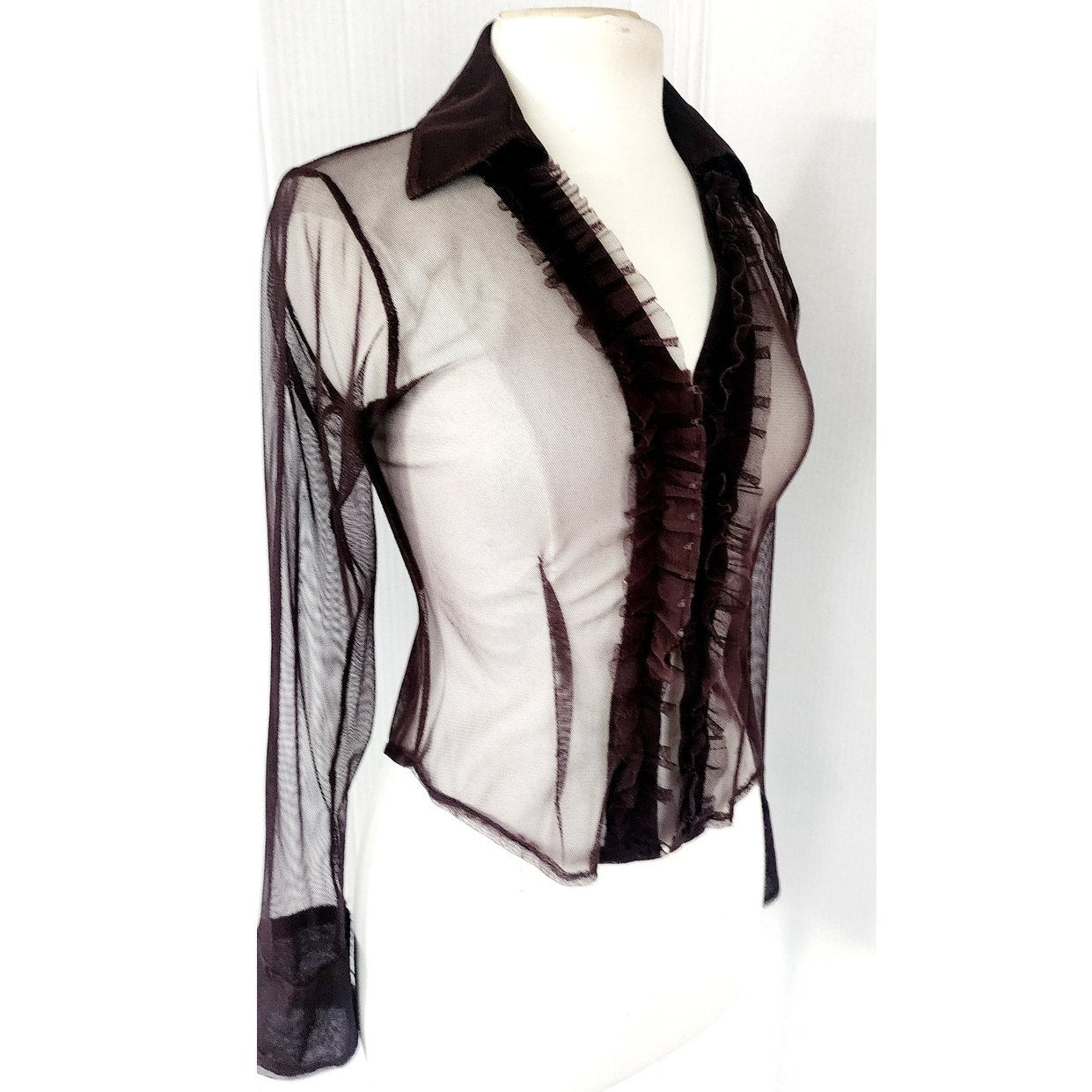 Vintage 90s Sheer Blouse Brown Mesh Ruffled Front