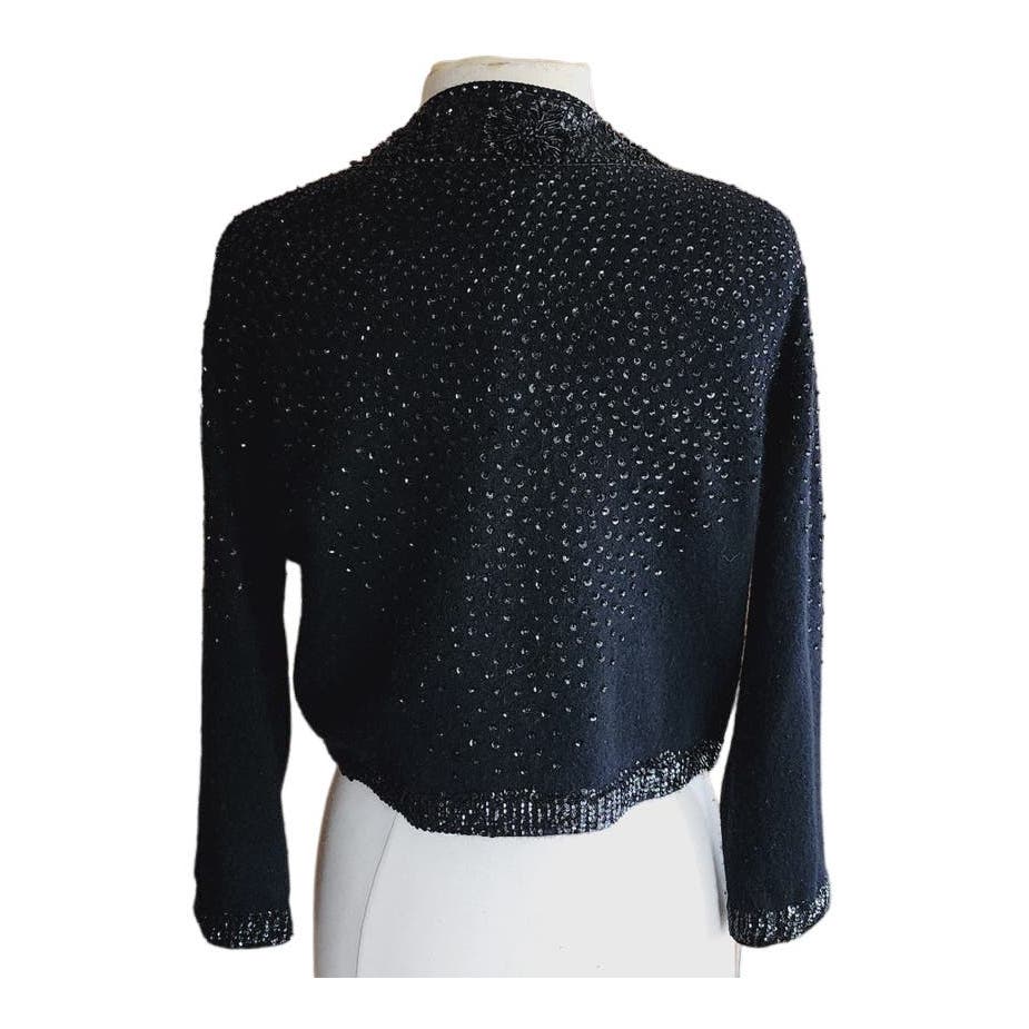 Vintage 50s Beaded Cardigan Black Angora Wool