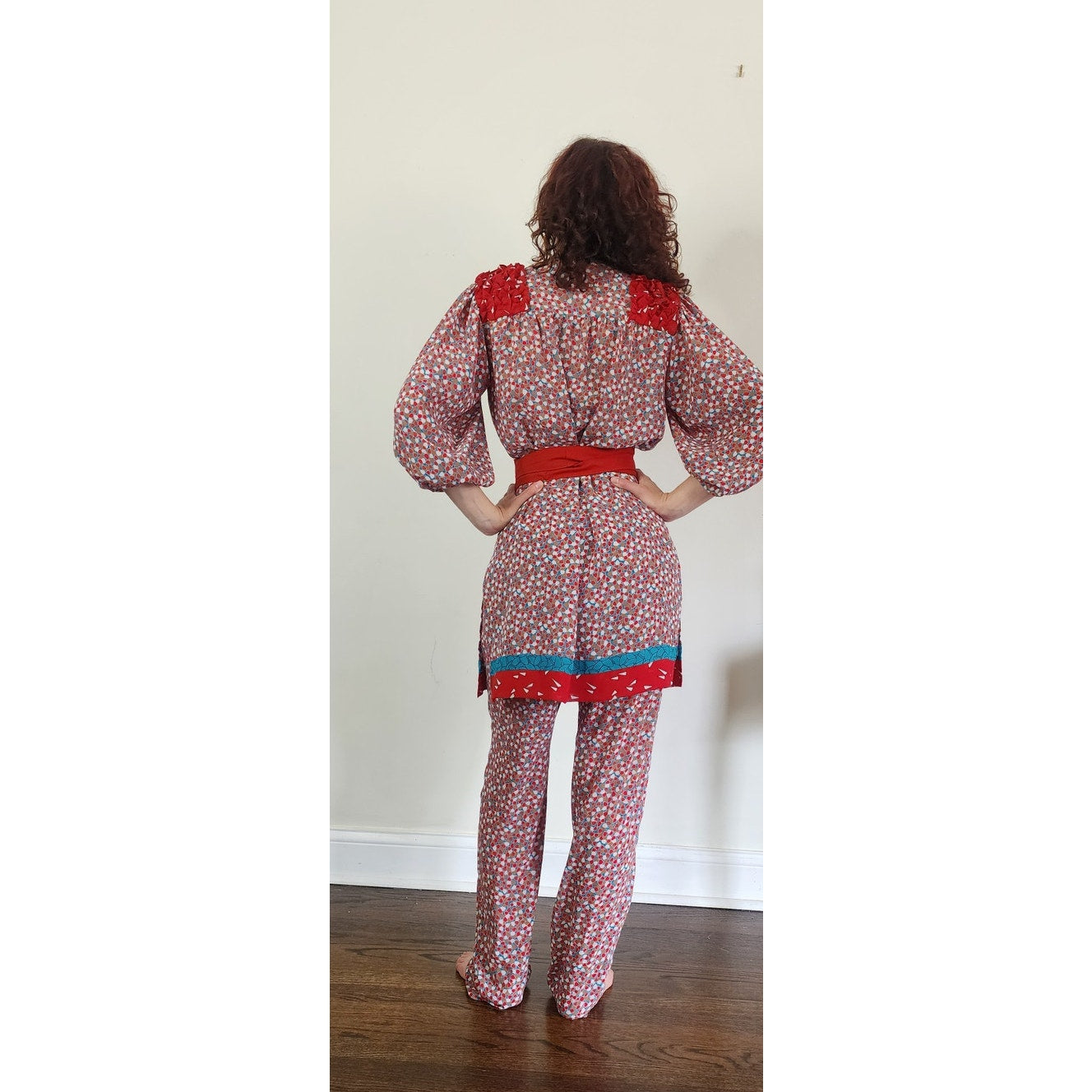 Vintage 1980s Lachine Tunic + Pants Set Polyester Georgette Red Graphic Print / Medium