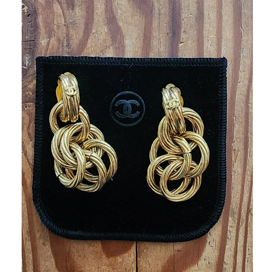 Vintage 90s Chanel Gold Earrings Clips 93P Multi-Ring Drop Logo Hoop Danglies