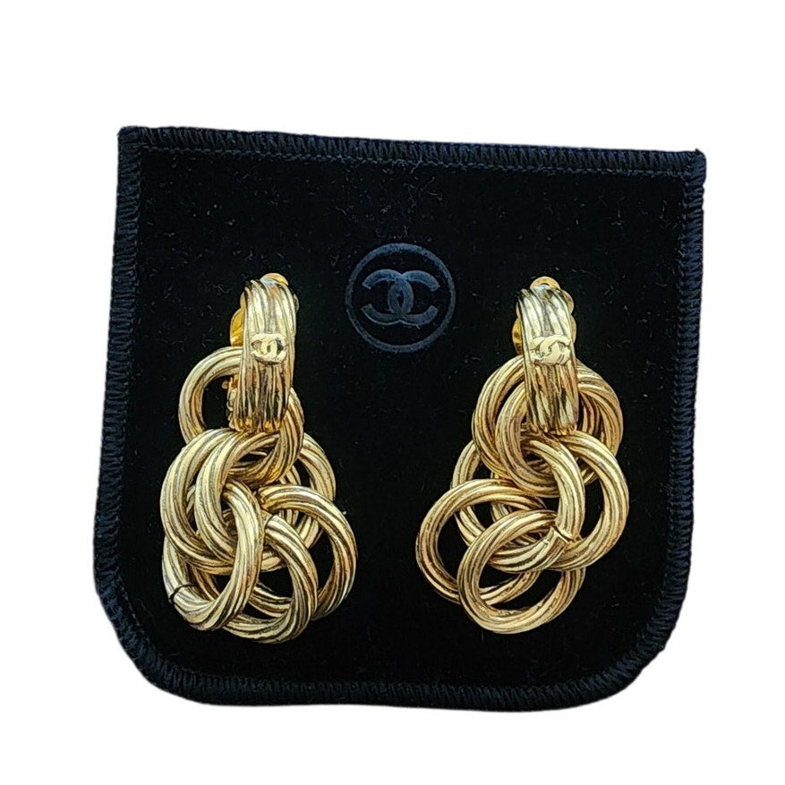 Vintage 90s Chanel Gold Earrings Clips 93P Multi-Ring Drop Logo Hoop Danglies