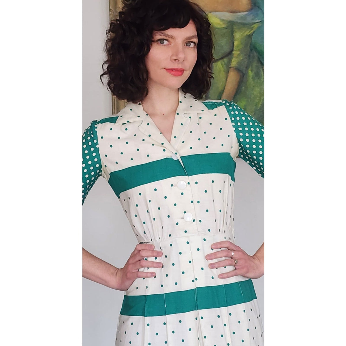Vintage 1950s Nelly Don Dress Green Polka Dot White Cotton Hope Reed Short Sleeve