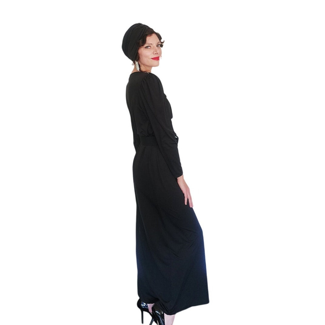 Vintage 1980s Oscar de la Renta Evening Dress Black Liquid Jersey Rhinestones Cowl Neck M