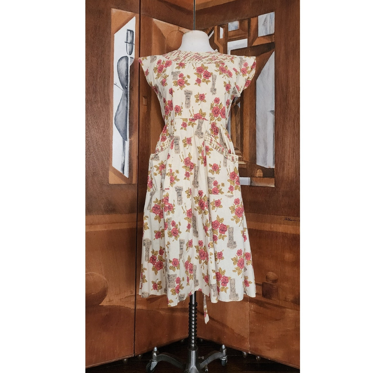 Vintage 50s Swirl Wrap Dress Cotton Rose Classical Columns Print Apron Housewife Full Skirt Pockets