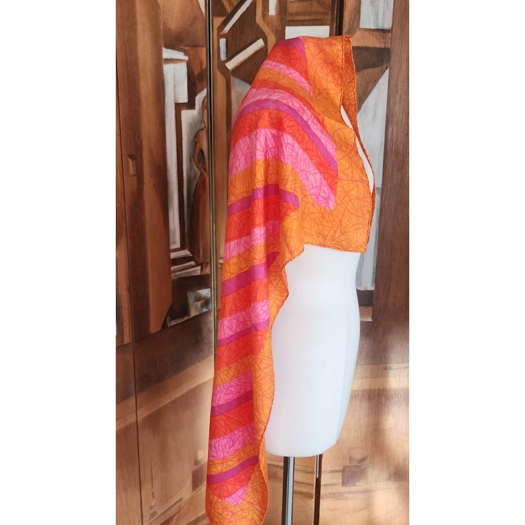 Vintage 70s Liberty of London Silk Scarf Large Orange Pink Diagonal Stripe