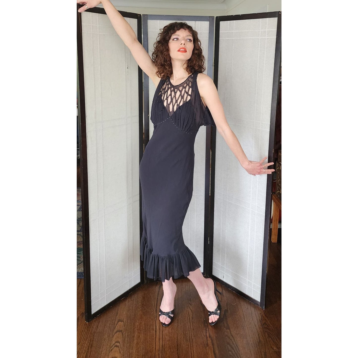 Vintage 30s Style Evening Dress Black Silk Chiffon Rhinestones Malandrino