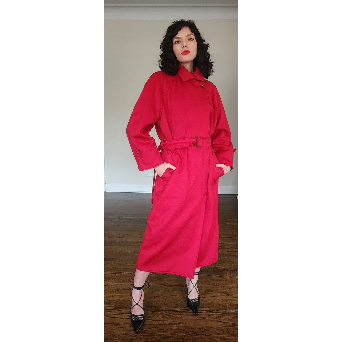 Vintage 1980s Red Wool Coat Long w/Belt Ramosport Paris