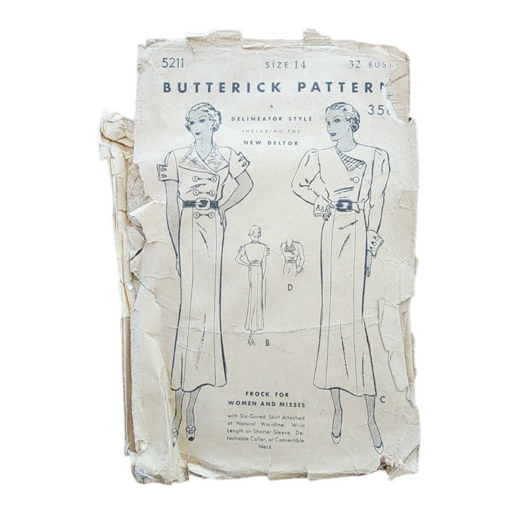 Vintage 30s Dress Sewing Pattern: Frock Butterick 5211 Bust 32