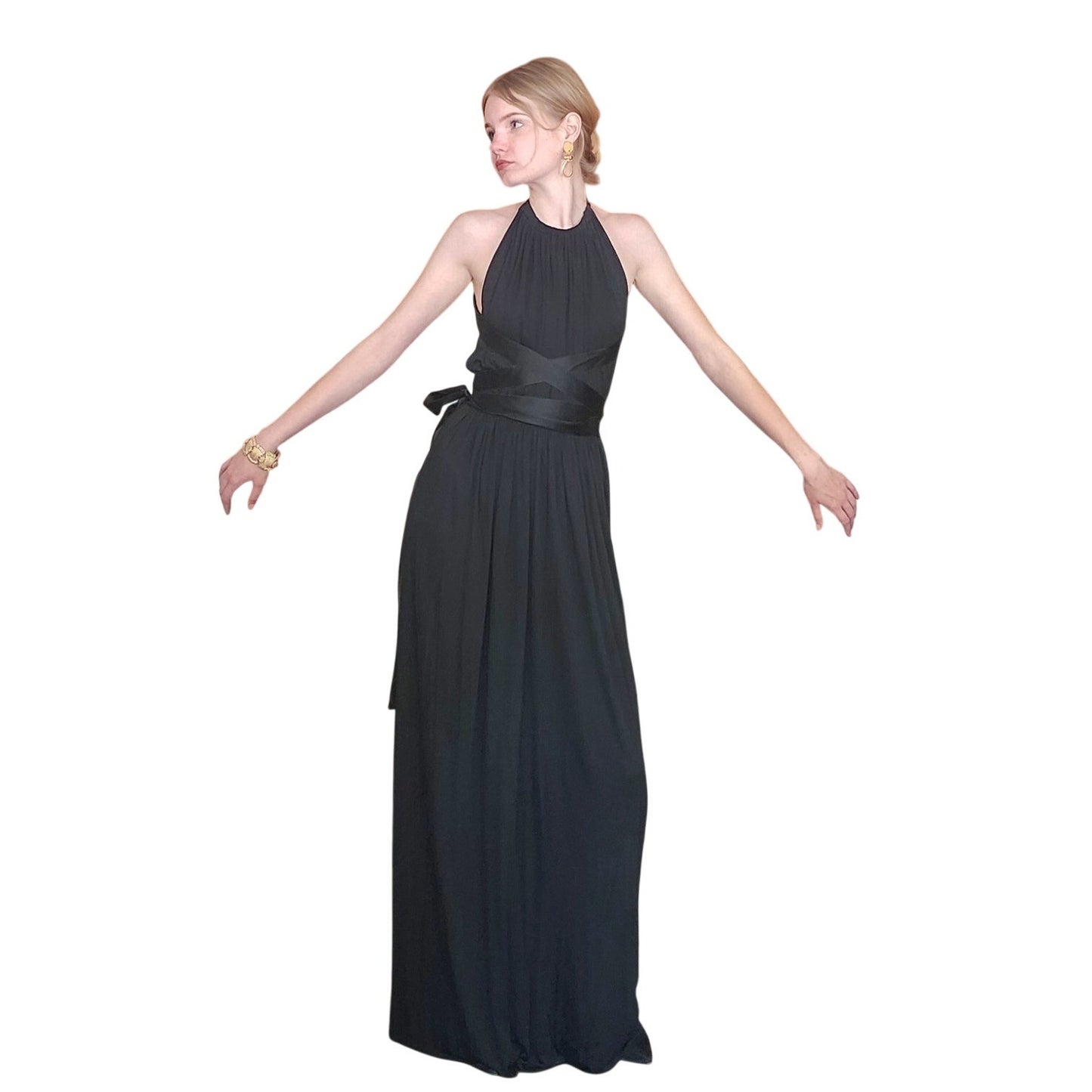 Vintage 70s Donald Brooks Eveing Dress Black Silk Jersey Halter Maxi Gown
