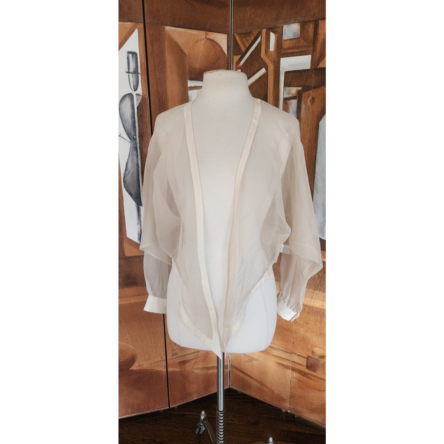 Vintage 90s White Sheer Organza Silk Blouse Tie Front Summer Jacket Victoria March Chicago