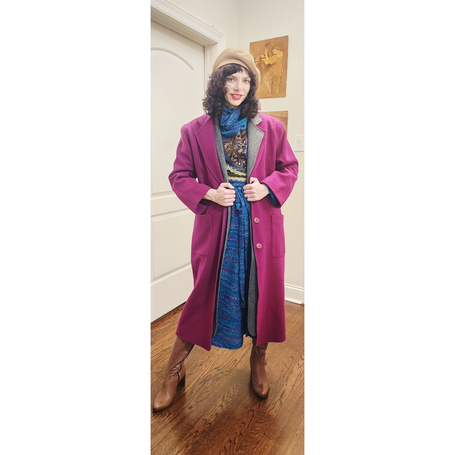 Vintage 1980s Purple Wool Coat Perry Ellis Portfolio w/Removable Gray Liner Vest Duster