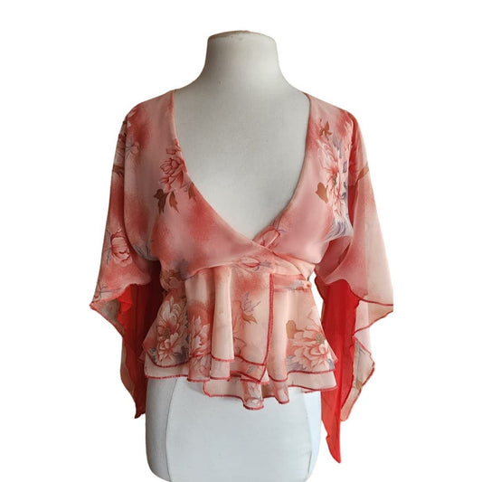 Vintage 70s Wrap Style Blouse Butterfly Sleeves Red Peach Floral Print