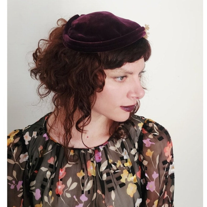 Vintage 50s Hat Burgundy Red Velvet w/Beaded Floral Trim by Anne Savel