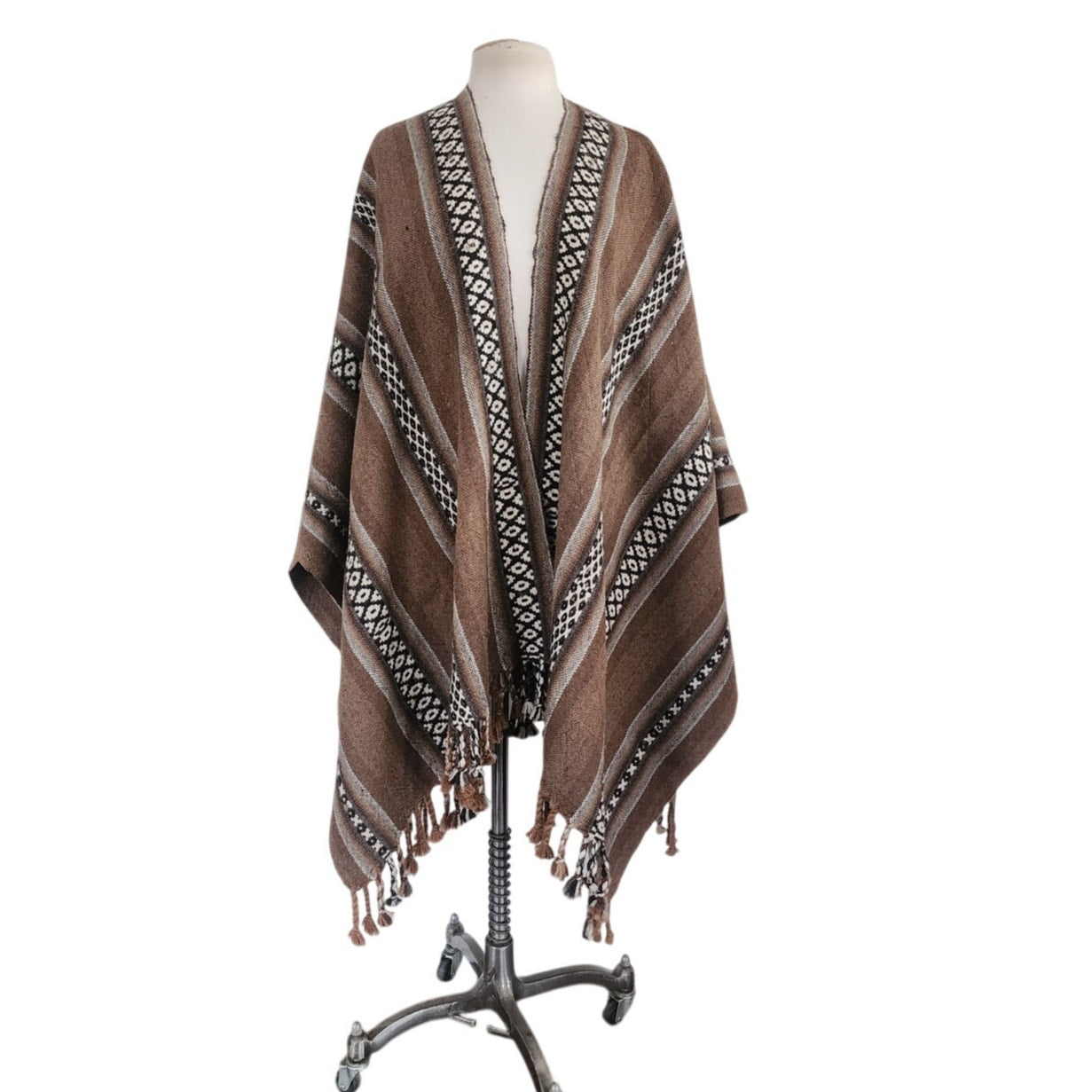 Vintage Fotrama Poncho Alpaca Wool Brown Cream Striped w/Fringe Handmade Ruana Bolivia
