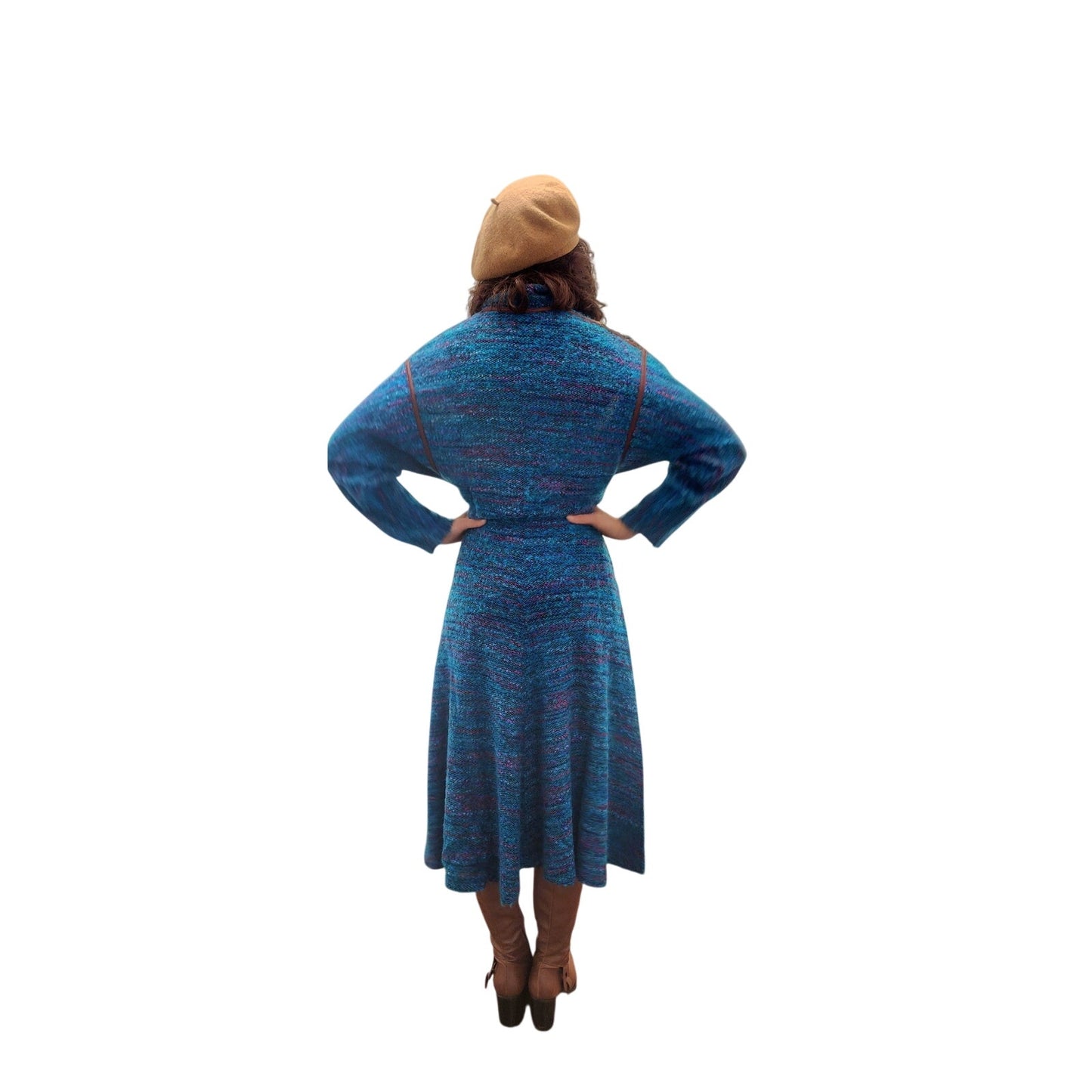 Vintage 1980s KOOS VAN DER AKKER Dress Blue Green Knit Floral Applique Gold Trim