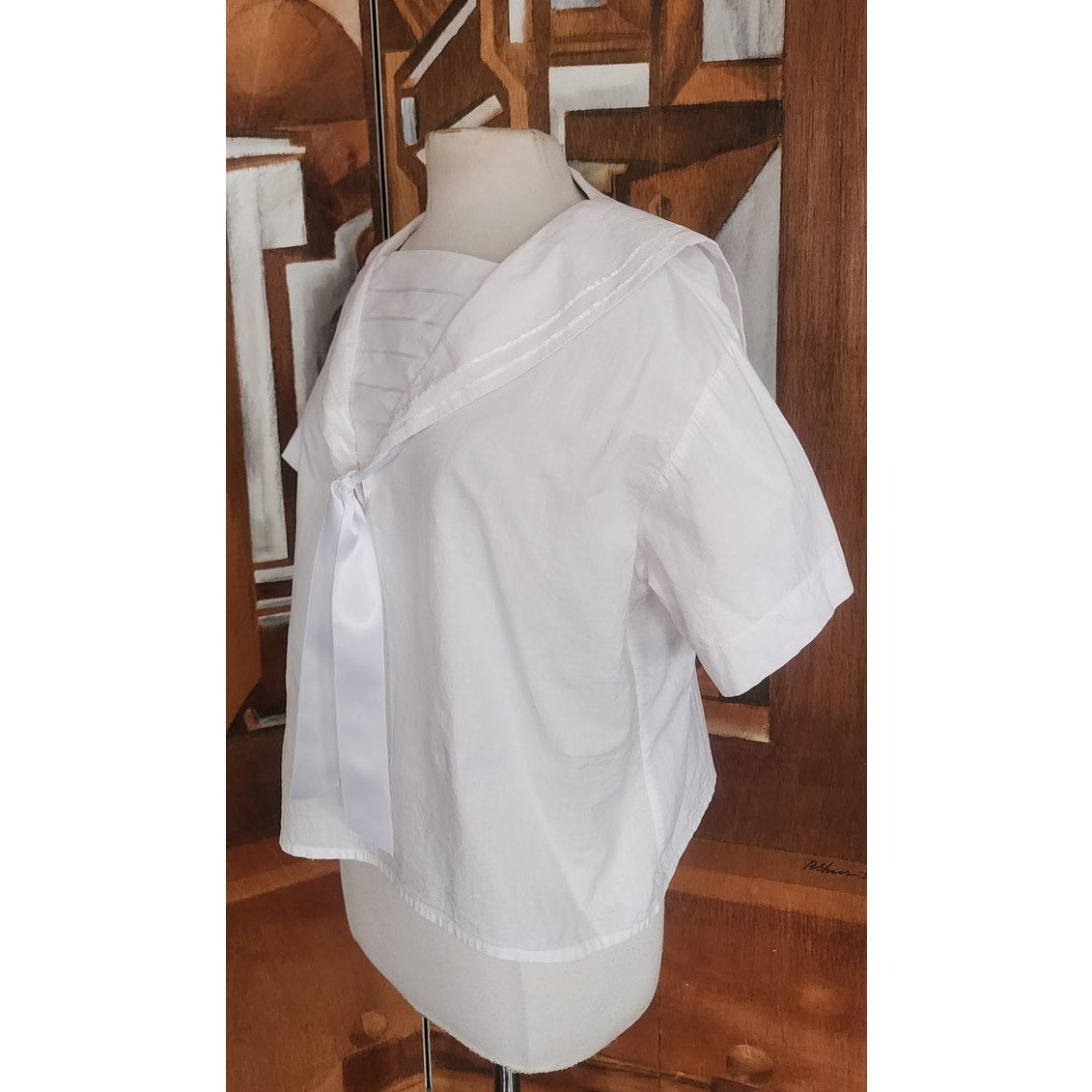 Vintage 80s LAURA ASHLEY Blouse Sailor Collar White Cotton Shirt Neo Edwardian