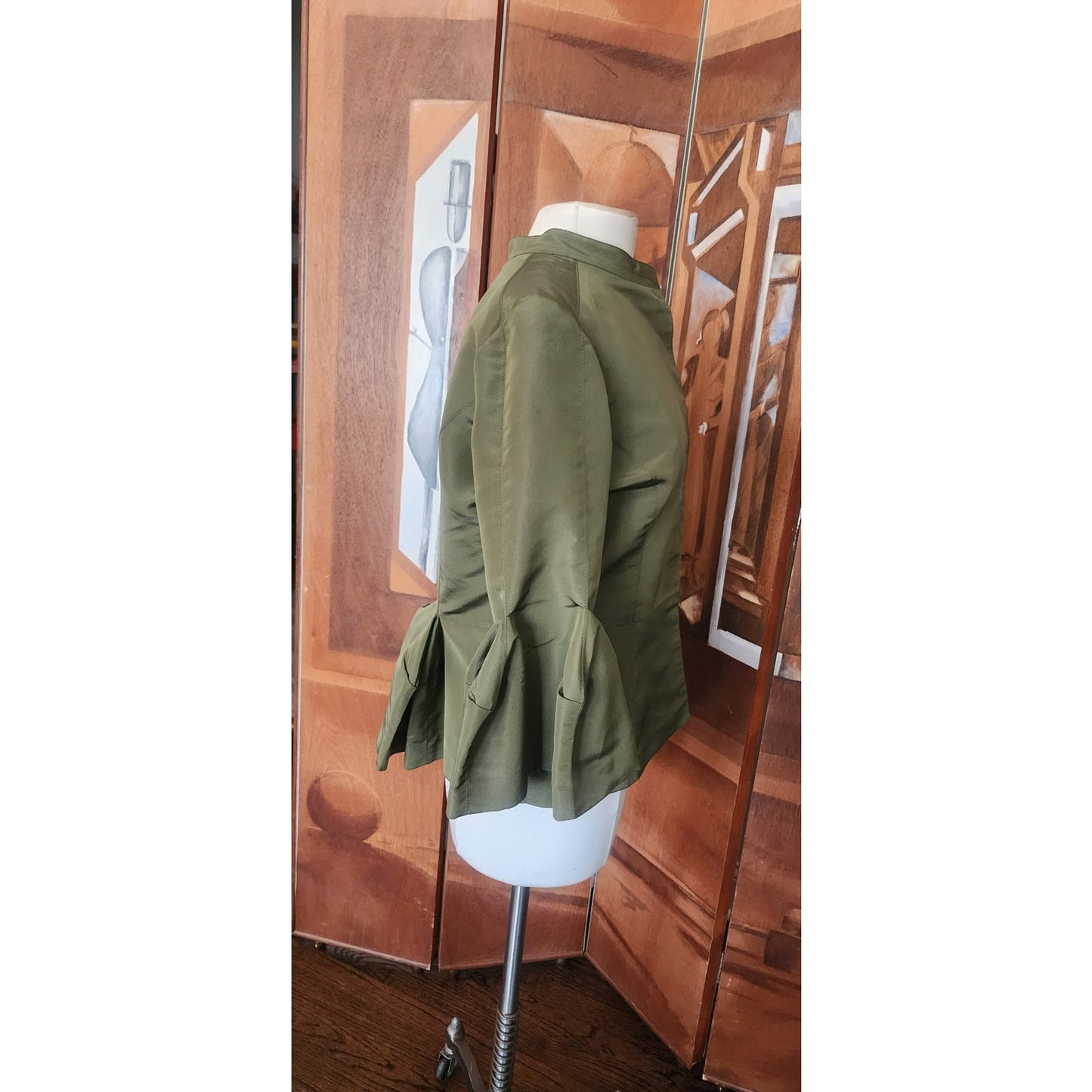 Oscar de la Renta Skirt Suit SS 2008 Green Silk Taffeta Peplum Blazer Bell Cuffs