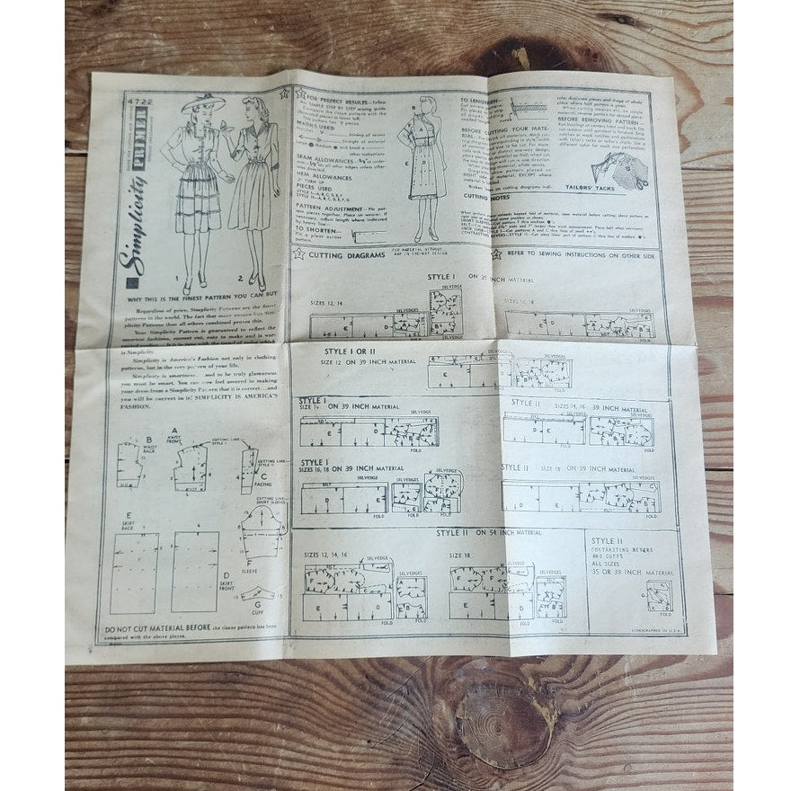 Vintage 40s Sewing Pattern: Belted Dress Simplicity Pattern 4722