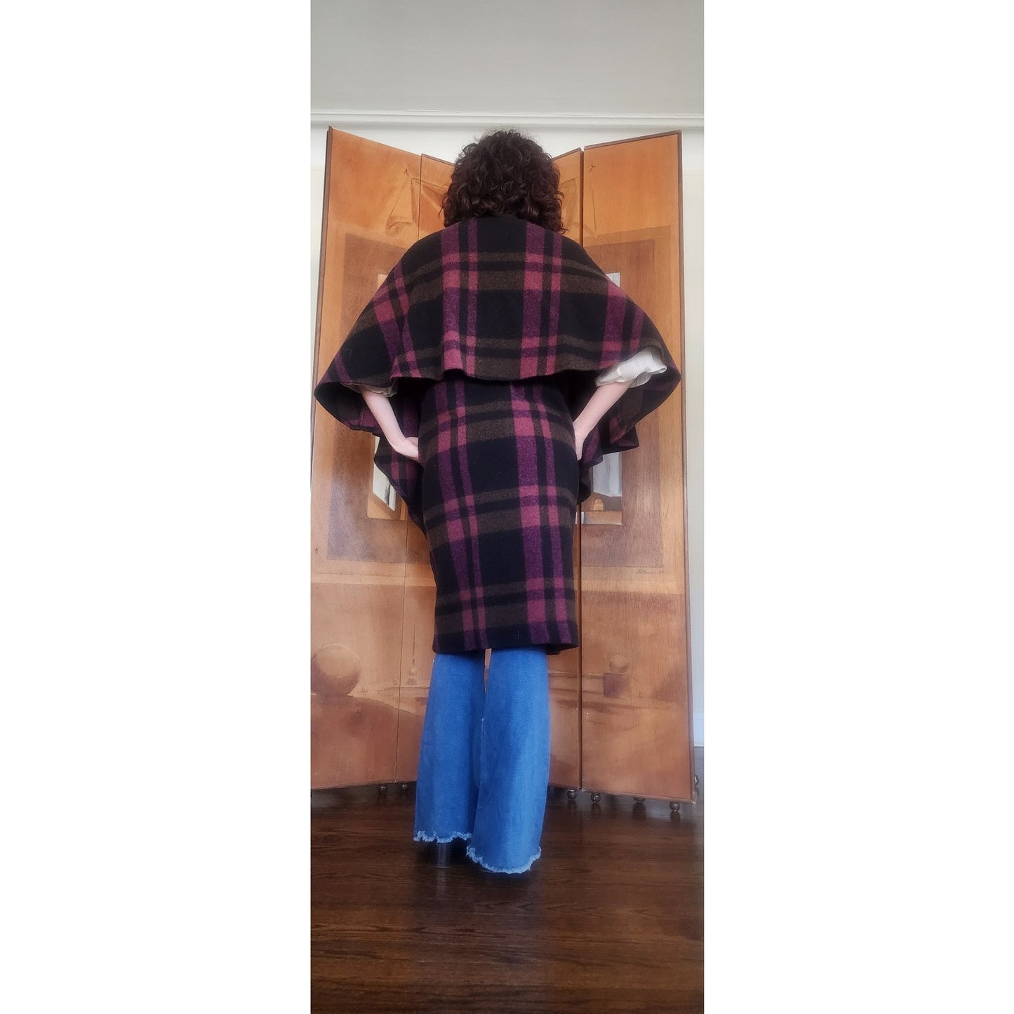 Vintage 90s Purple Wool Plaid Poncho Cloak Coat Cape w/Scarf