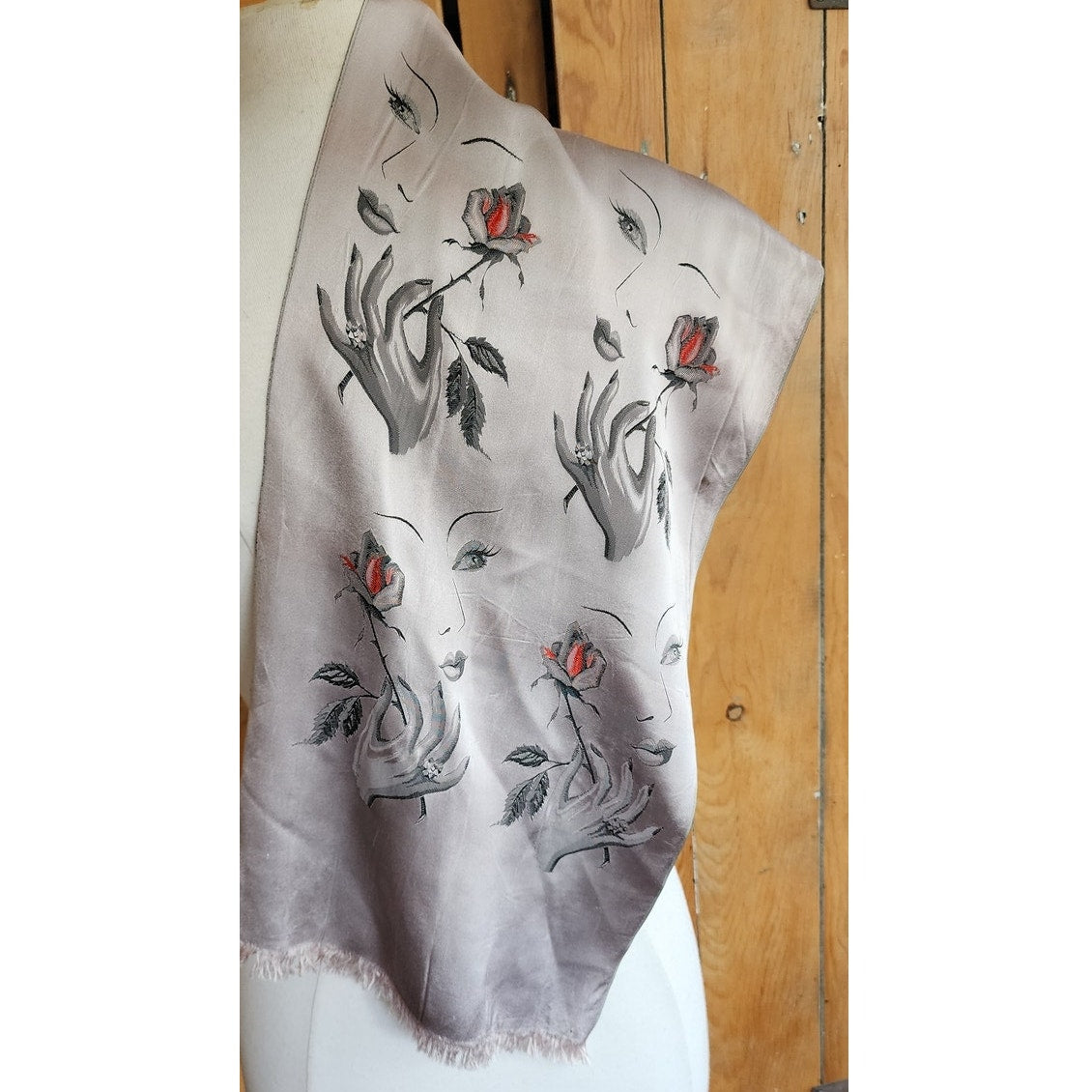 Vintage 40s Silk Embroidered Scarf Woman's Face w/Rose Flower