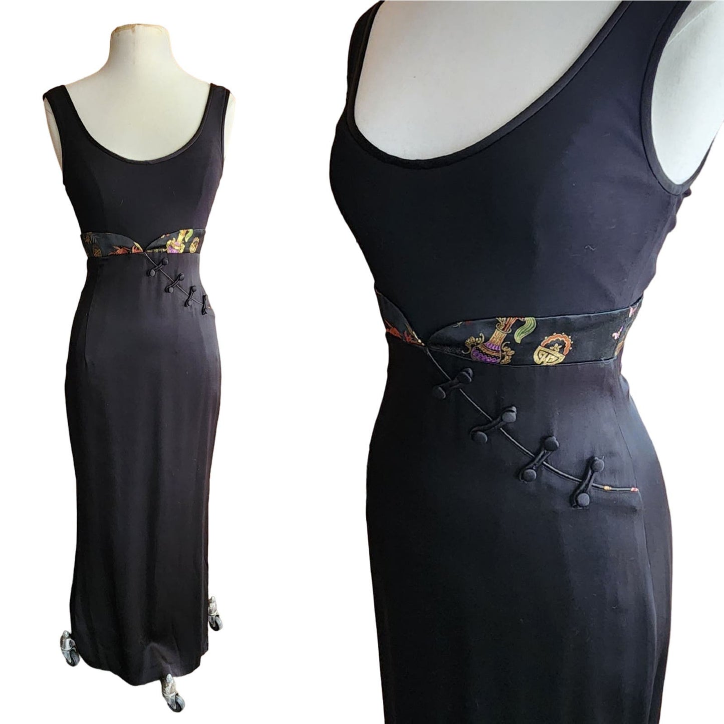 Vintage 90s Nicole Miller Evening Dress Black w/Chinese Embroidery