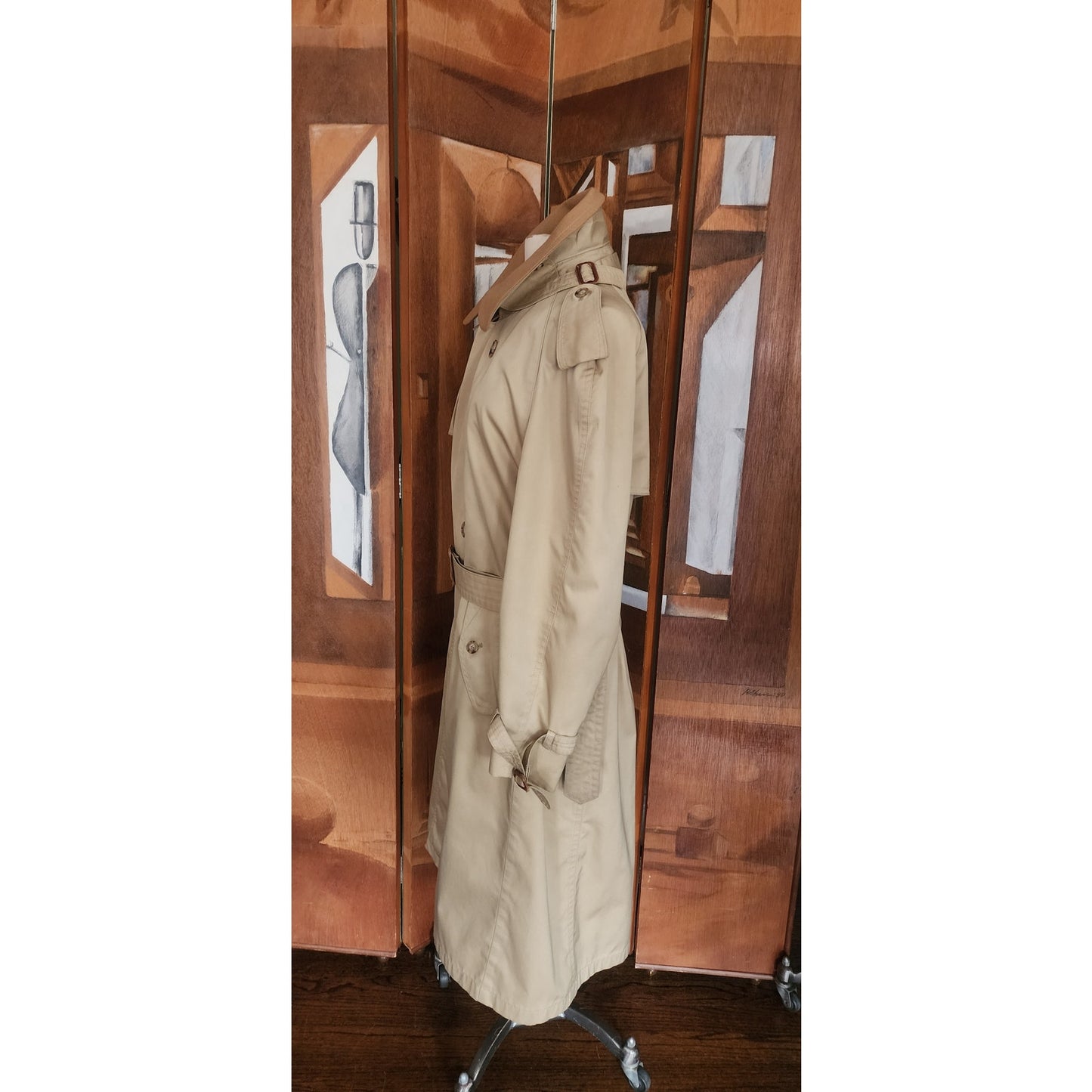 Vintage 80s Lytton's Threadneedle Chicago Mens Beige Trench Rain Coat Belted Wool Collar