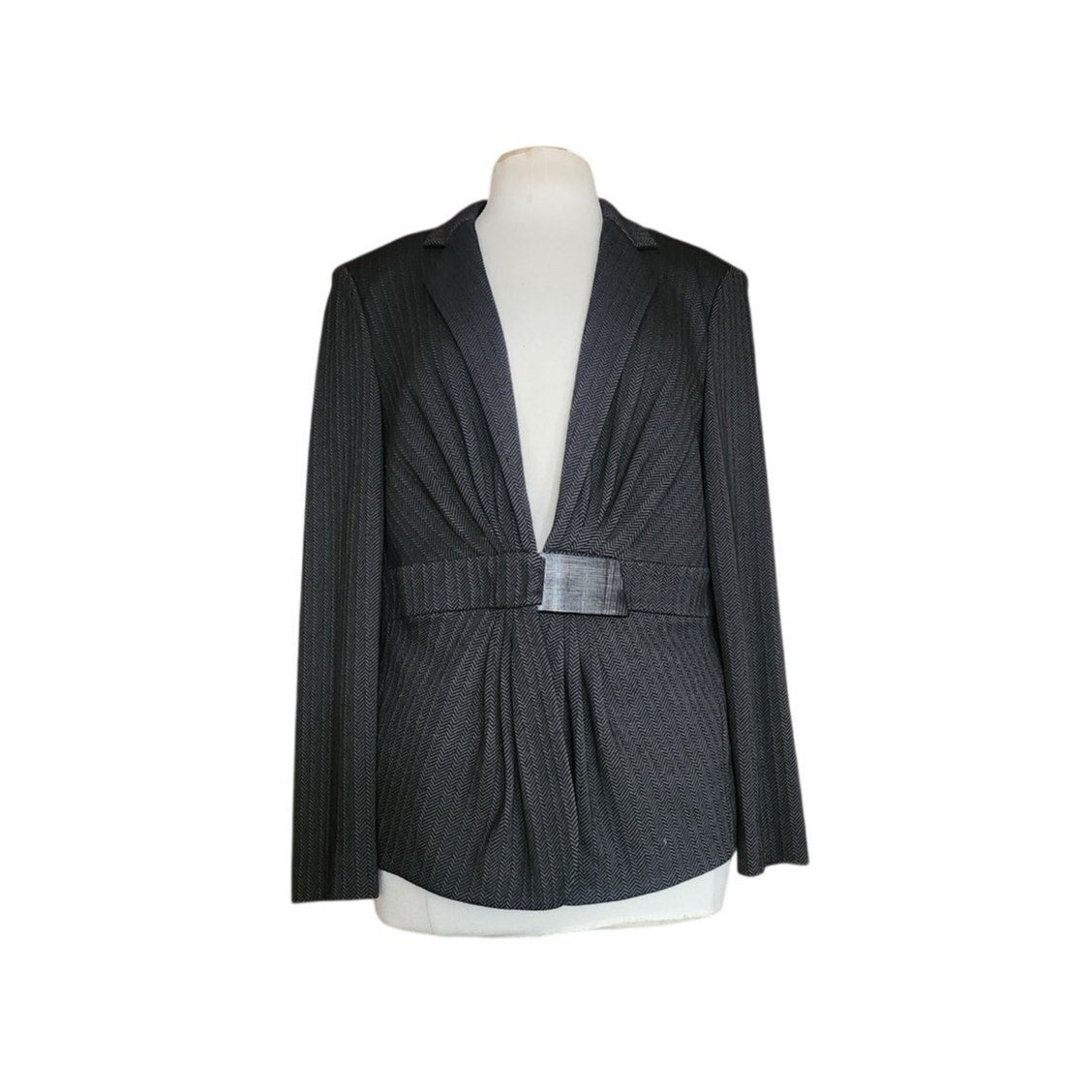 Vintage 2000s Armani Blazer Gray Herrinbone Wool Fitted Jacket Buckle Closure