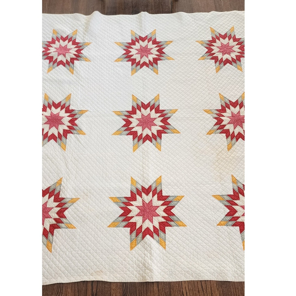 Antique American Quilt 1800s Star Of Bethlehem Cotton Turkey Red Cheddar Yellow on Ivory
