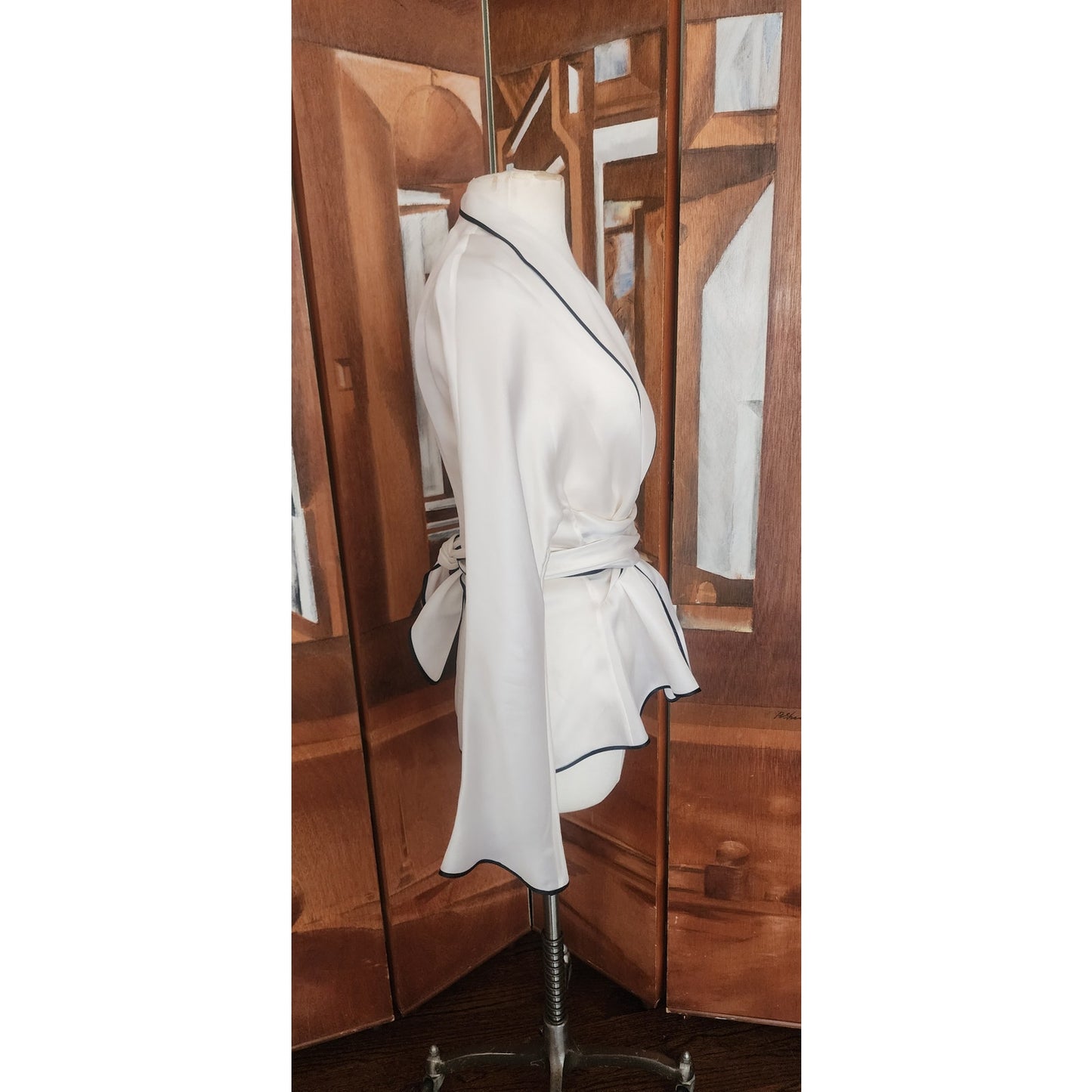 Vintage 1990s Sheer White Blazer w/Black Trim Sash Tie Belt