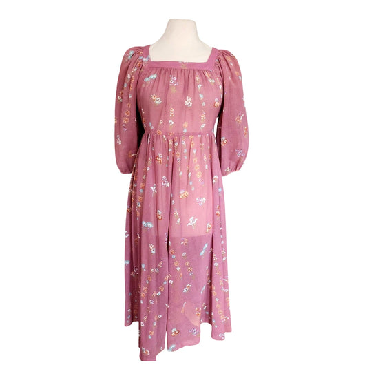 Vintage 70s Boho Dress Pink Mauve Floral Print Maxi by Milage Prairiecore