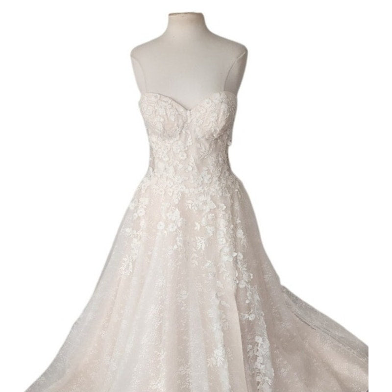 Casablanca Bridal Wedding Dress 2455 Mae Strapless Floral Lace Ivory w/Long Sheer Train Skirt NWT