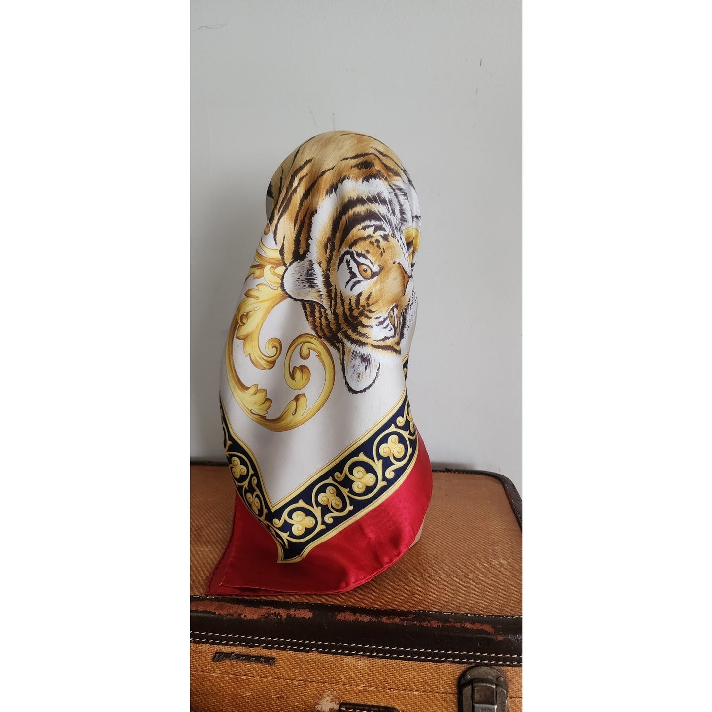 Vintage Ferragamo Silk Scarf Tiger Print Gold Baroque Scroll Print