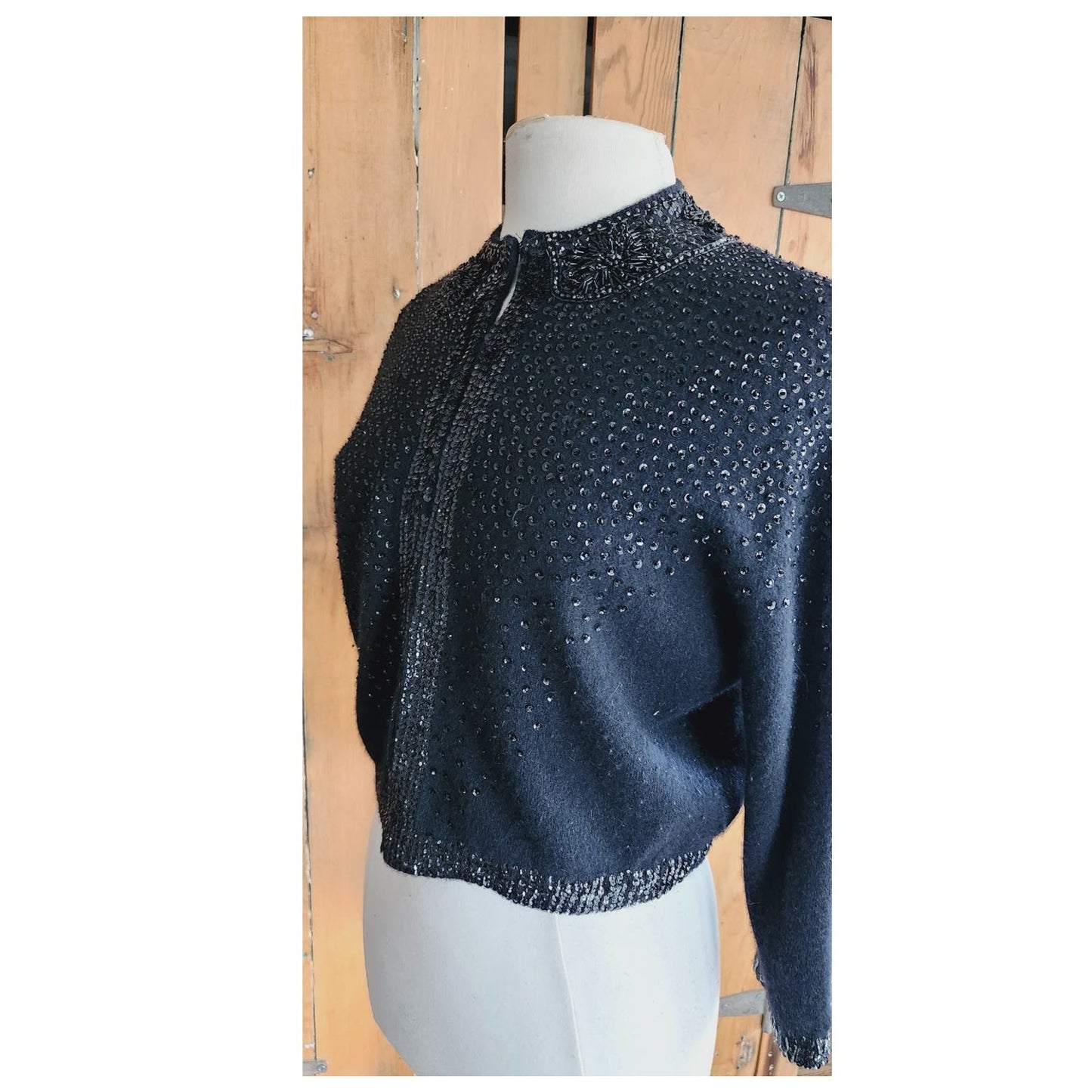 Vintage 50s Beaded Cardigan Black Angora Wool