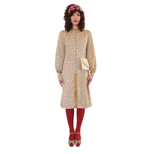 Vintage 60s Metallic Print Dress Beige Gold Tannel Knits / M