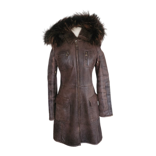 Vintage 2000s Brown Leather Parka Coat w/Fur Lined Hood & Shearling Liner Fitted S