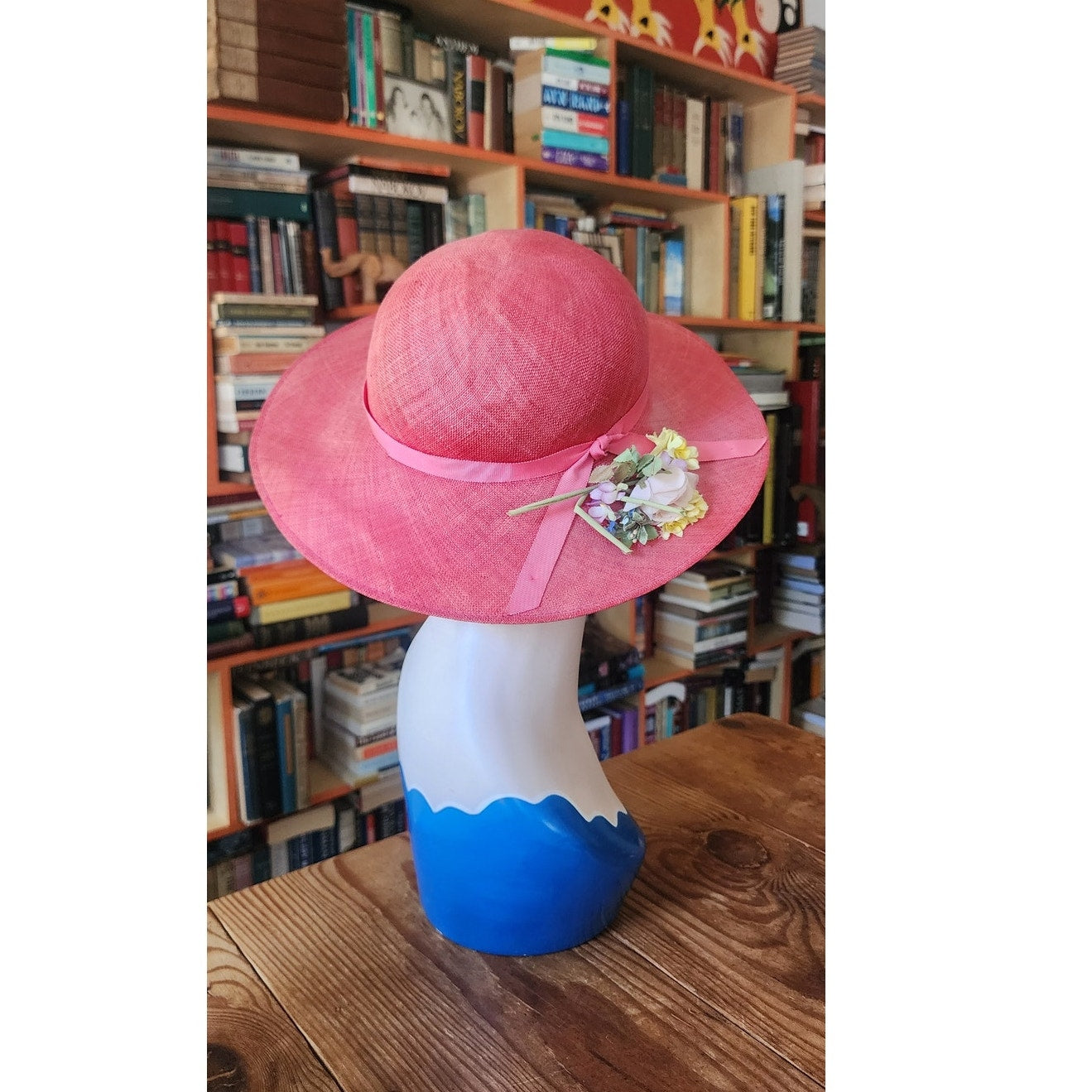 Vintage 90s Herbert Johnson Hat Pink Straw Wide Brim Floral Summer Sunhat