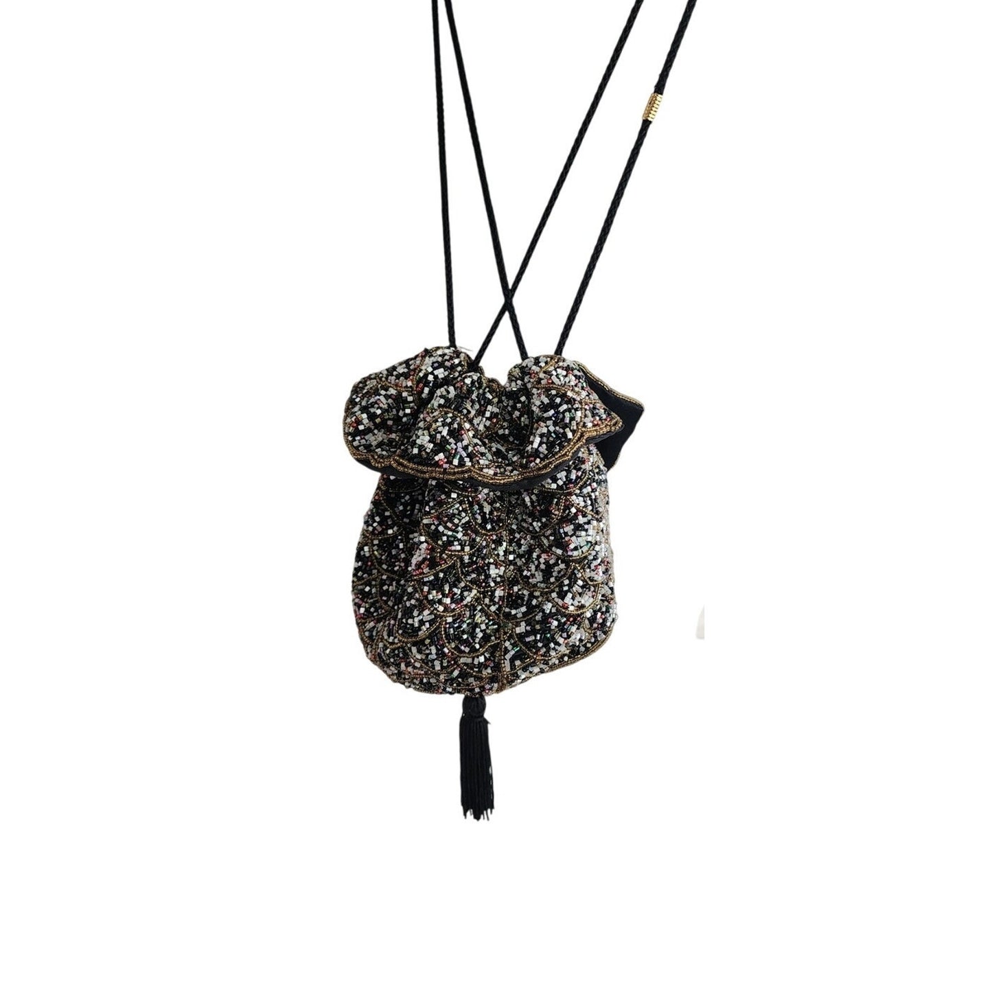 Vintage Beaded Evening Bag Black Silk Drawstring Crossbody Purse