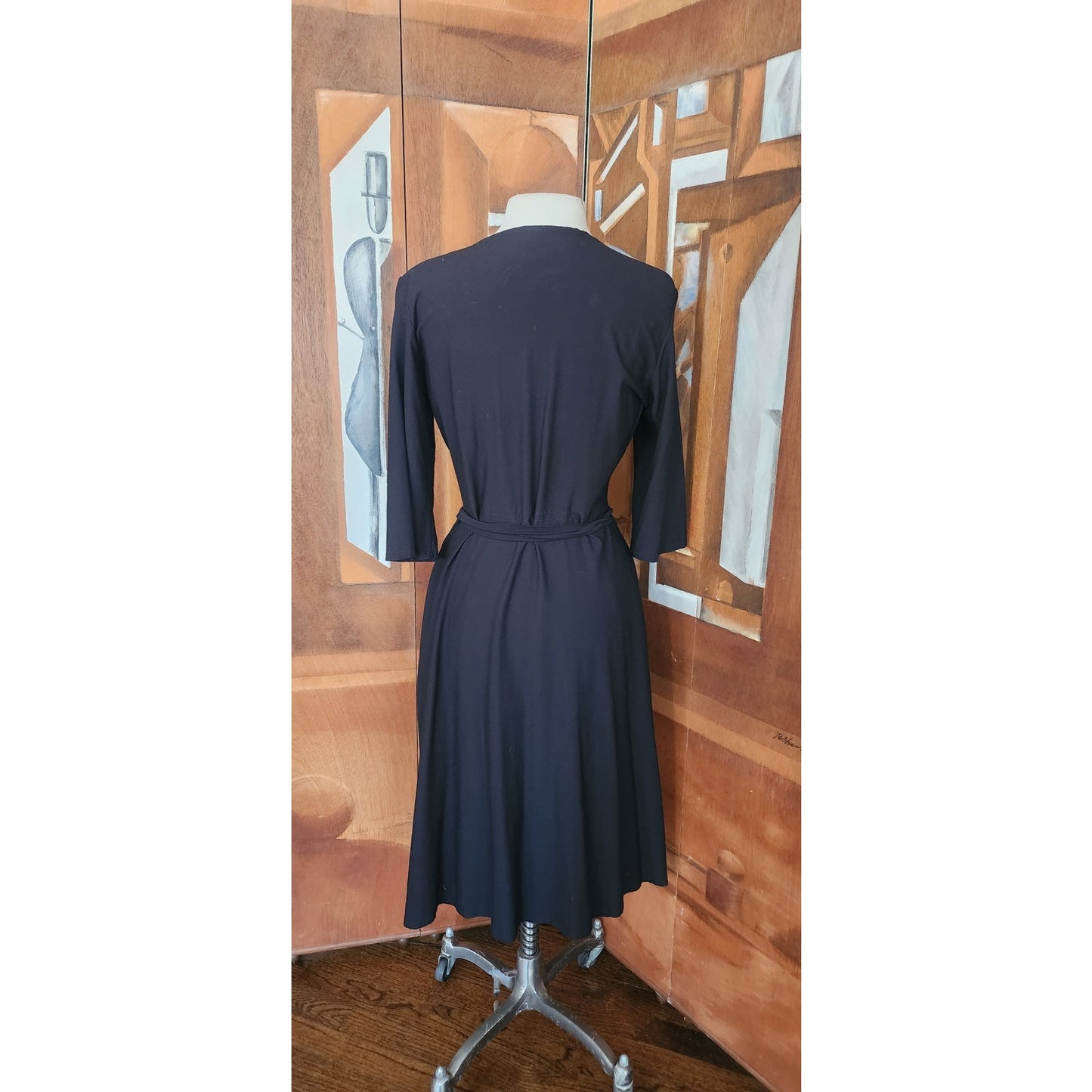 Vintage Eileen Fisher Y2K Black Rayon Stretch Knit Wrap Dress Midi